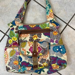 Vintage Fossil Floral Canvas & Leather Large Hobo Shoulder Bag